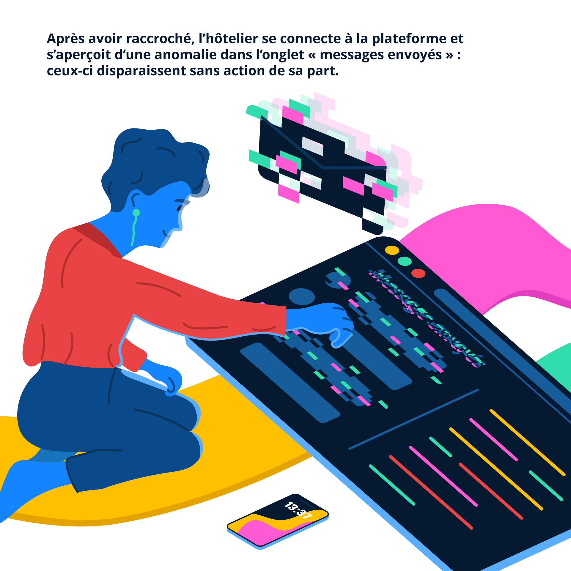 Après avoir raccroché, l’hôtelier se connecte à la plateforme et s’aperçoit d’une anomalie dans l’onglet « messages envoyés » : ceux-ci disparaissent sans action de sa part.