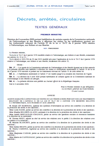 Décision du 6 novembre 2020 portant habilitation de certains agents de la CNIL à effectuer les visites ou les vérifications portant sur les traitements relevant de l’article 31 de la loi Informatique et Libertés