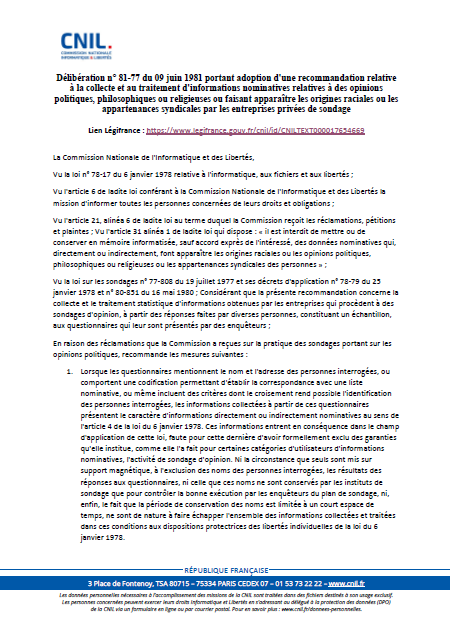 Recommandation - Collecte de certaines données sensibles par les entreprises de sondage