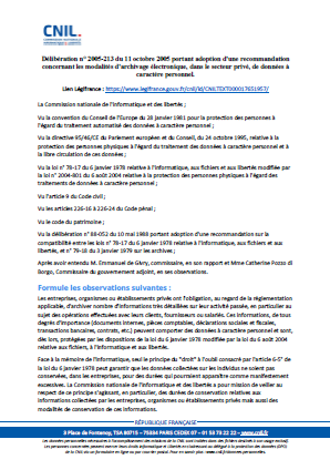 Recommandation - Archivage électronique de données personnelles dans le secteur privé