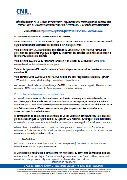 Recommandation - Services de coffre-fort numérique ou électronique destiné aux particuliers